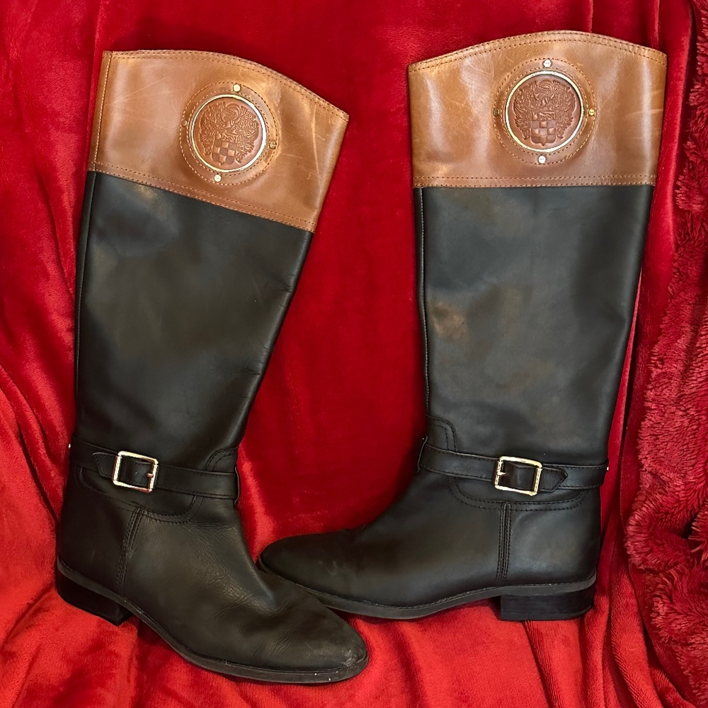 Women's Vince Camuto black/brown leather knee-hi flat boots - Size 9